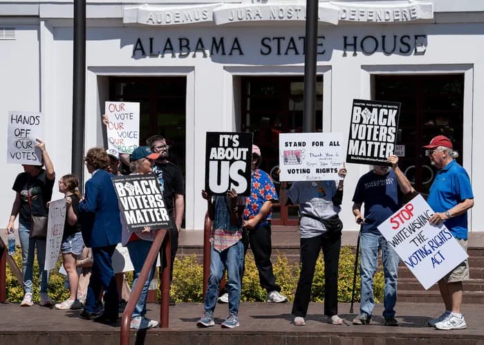 Demonstrators outside the Alabama Statehouse in Montgomery during redistricting special session, May 2026