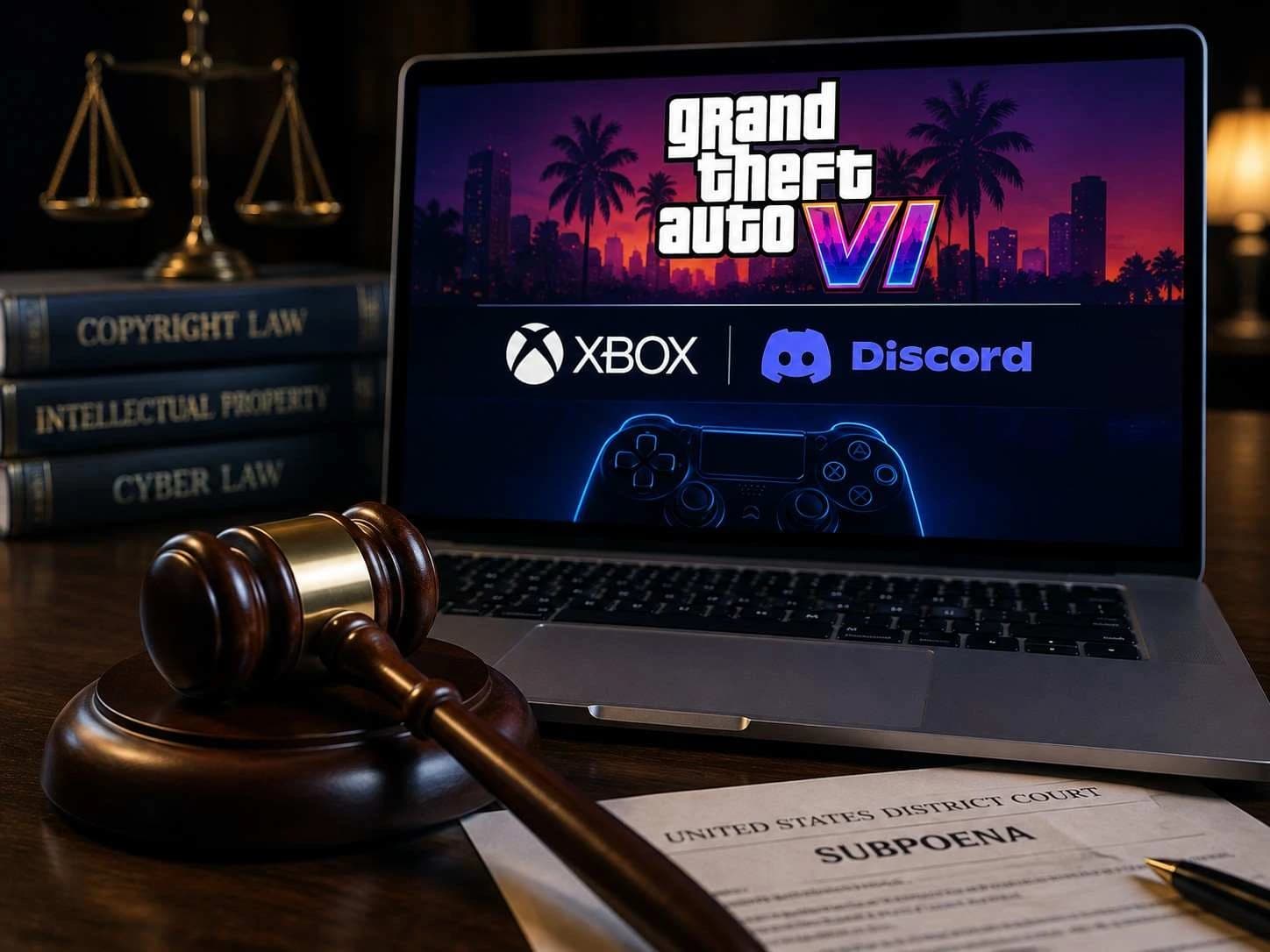 Court gavel resting beside a laptop displaying game controller graphics