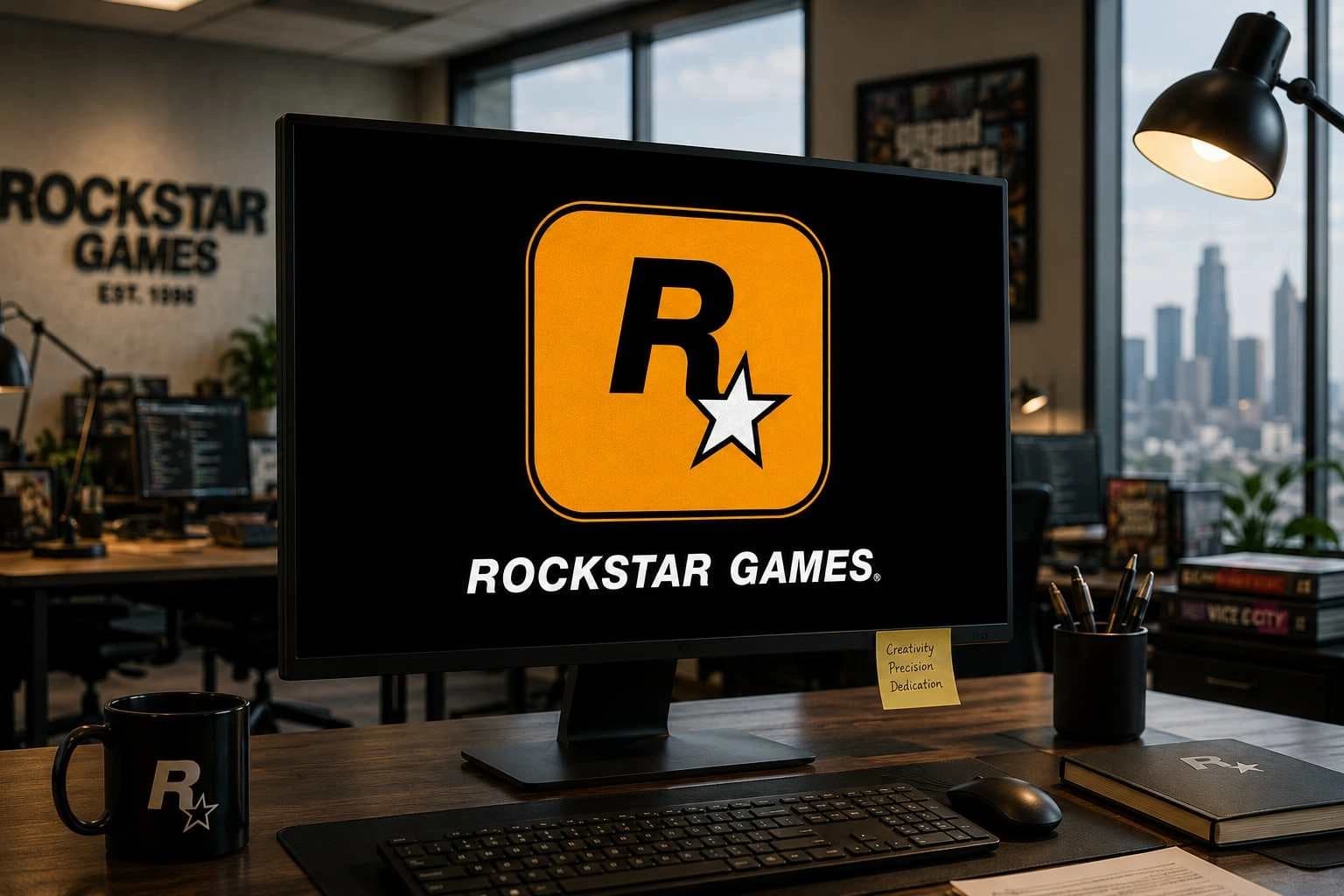 Rockstar Games logo displayed on a screen in an office setting