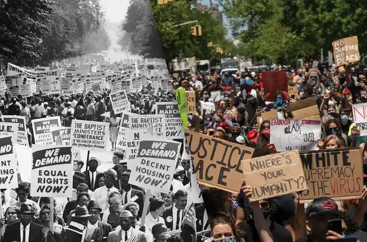 Archival photos of civil rights protesters alongside modern anti-ICE demonstrations