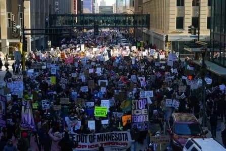 Historical protest scenes showing civil rights marchers and modern anti-ICE demonstrators