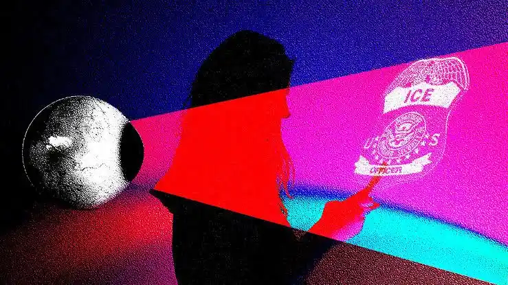 Illustration of a surveillance eye watching a woman on her phone beneath the shadow of an ICE badge