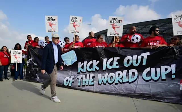Law enforcement officials at a press conference in downtown Los Angeles outlining security plans for the 2026 FIFA World Cup at SoFi Stadium