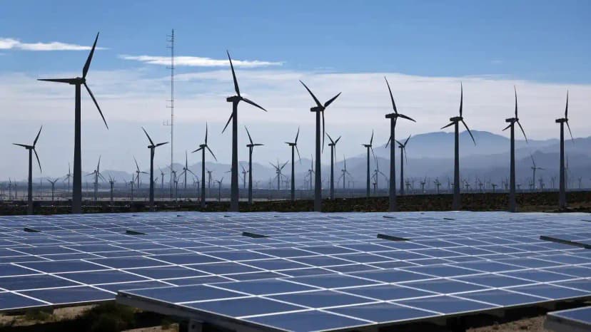 Wind turbines and solar panels representing renewable energy projects affected by federal permitting dispute
