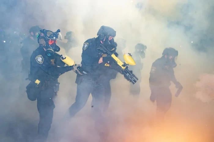 Portland ICE protest scene with tear gas clouds and federal agents