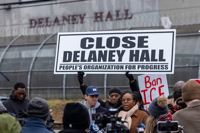 Demonstrators protesting outside Delaney Hall detention facility
