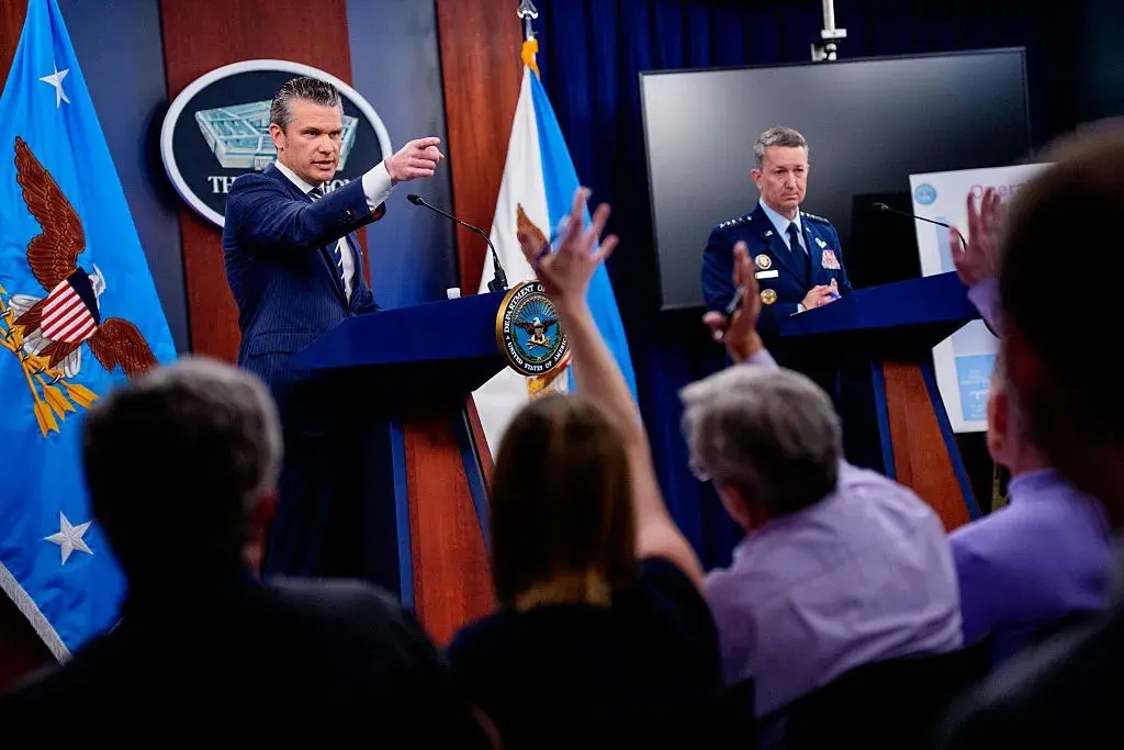 Defense Secretary Pete Hegseth speaks at a Pentagon press briefing as federal court prepares to hear arguments on new press credential rules