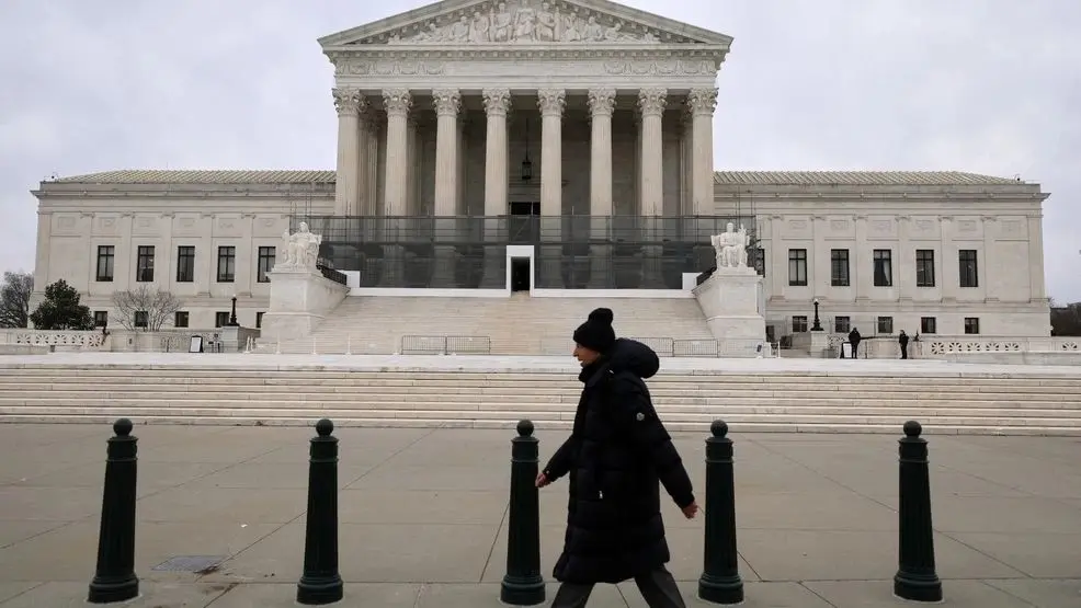 Supreme Court building with California congressional map and voting symbols
