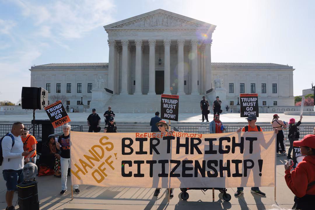 Protesters outside the Supreme Court on April 1, 2026, the day of birthright citizenship oral arguments