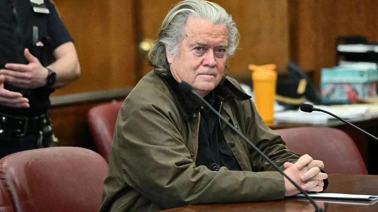 Supreme Court building with scales of justice and Steve Bannon file photo