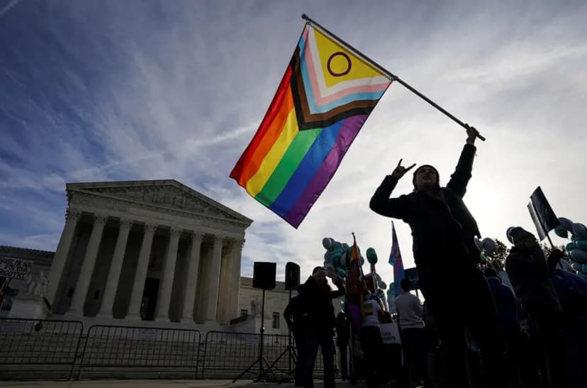 U.S. Supreme Court building with a rainbow flag and school hallway in background