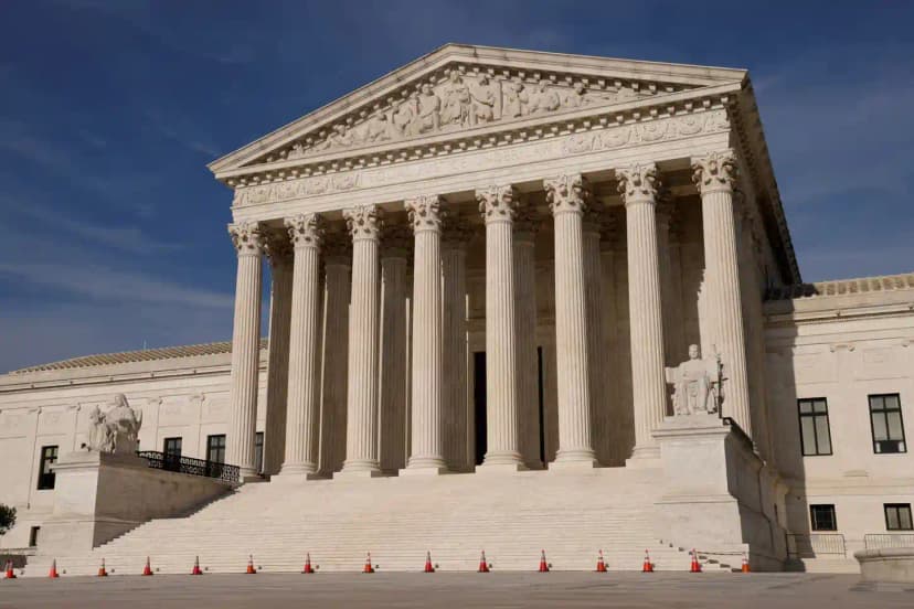U.S. Supreme Court building with digital conflict-screening interface overlay