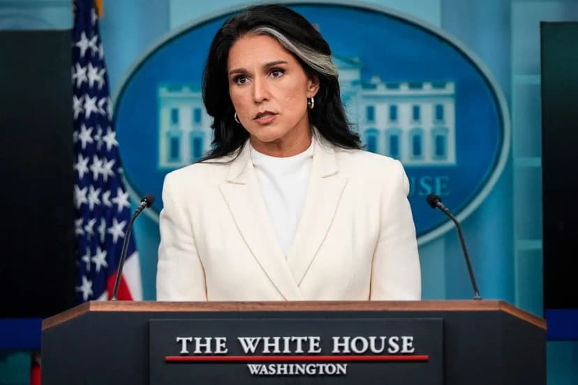 Tulsi Gabbard portrait with whistleblower document and congressional oversight symbols