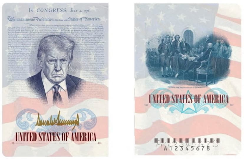 Official State Department rendering of a commemorative U.S. passport featuring President Trump's portrait inside the document
