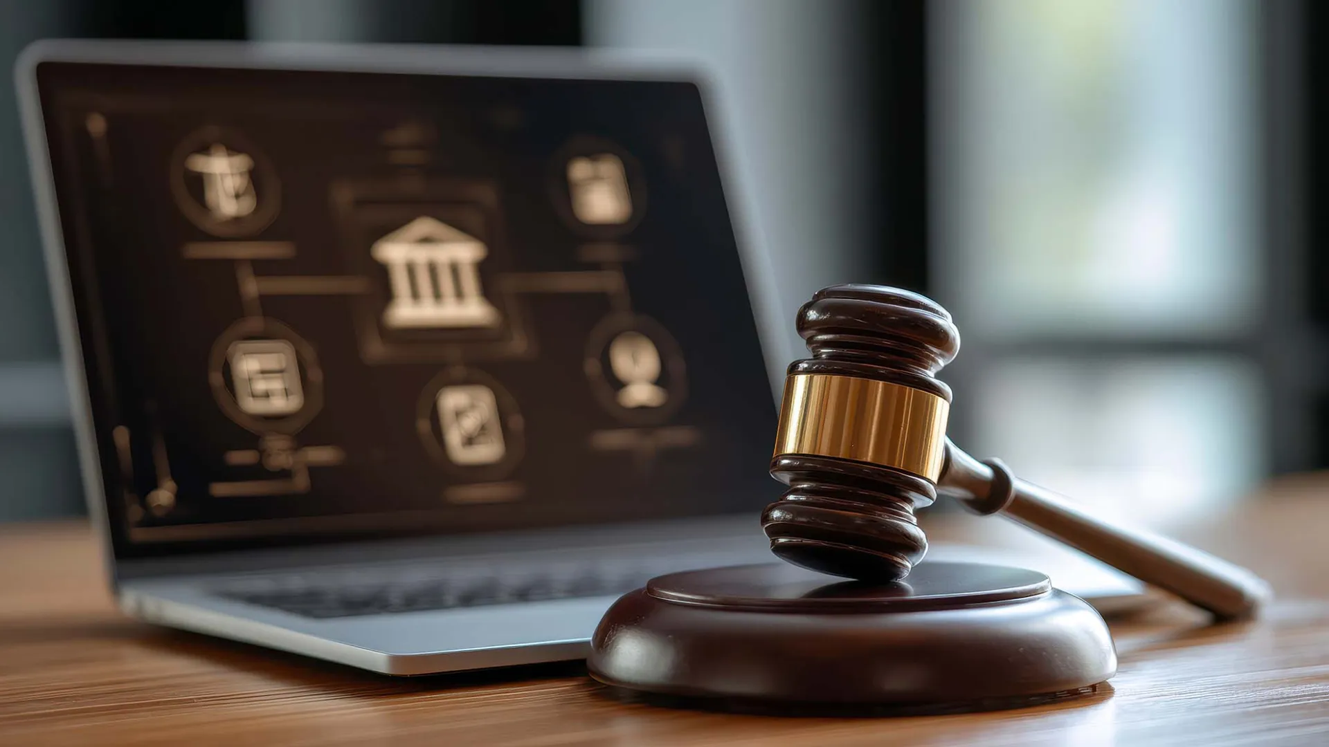 Judge reviewing documents at bench with laptop and AI interface visible
