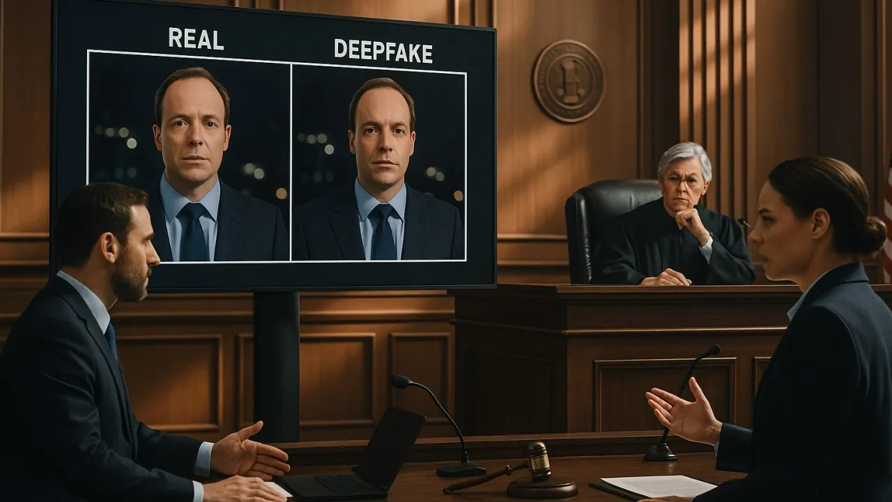 Courtroom with digital evidence screen displaying AI-generated content warning